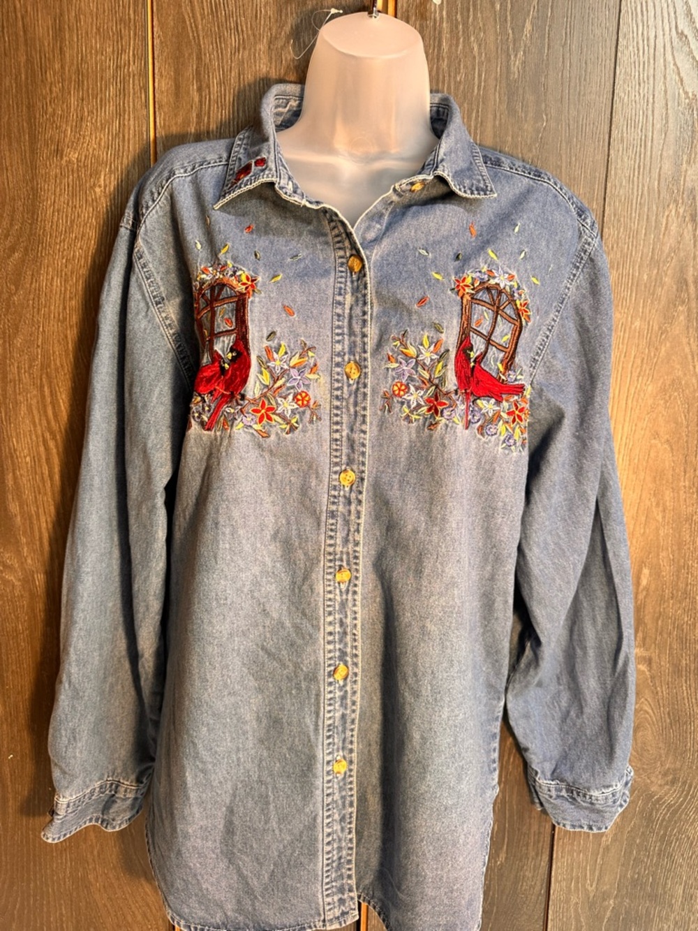 Vintage Bobbie Brooks Denim Shirt Embroidered Cardinals Floral Button Up